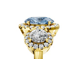 Yellow gold Fancy Blue Oval Cut Diamond Three-Stone Halo Ring with Prong Setting and Pavé Accents_5