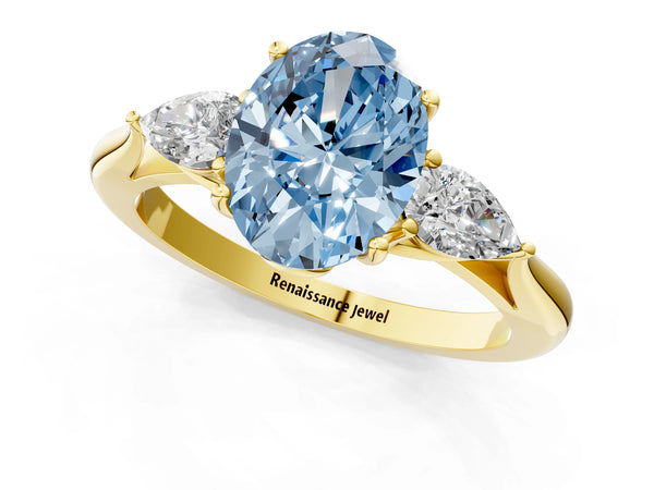 Yellow Gold Oval Three Stone Pear Side Engagement Ring Setting for Fancy Blue Center