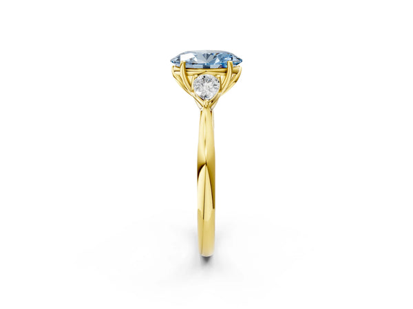 Yellow Gold Oval Three Stone Pear Side Engagement Ring Setting for Fancy Blue Center