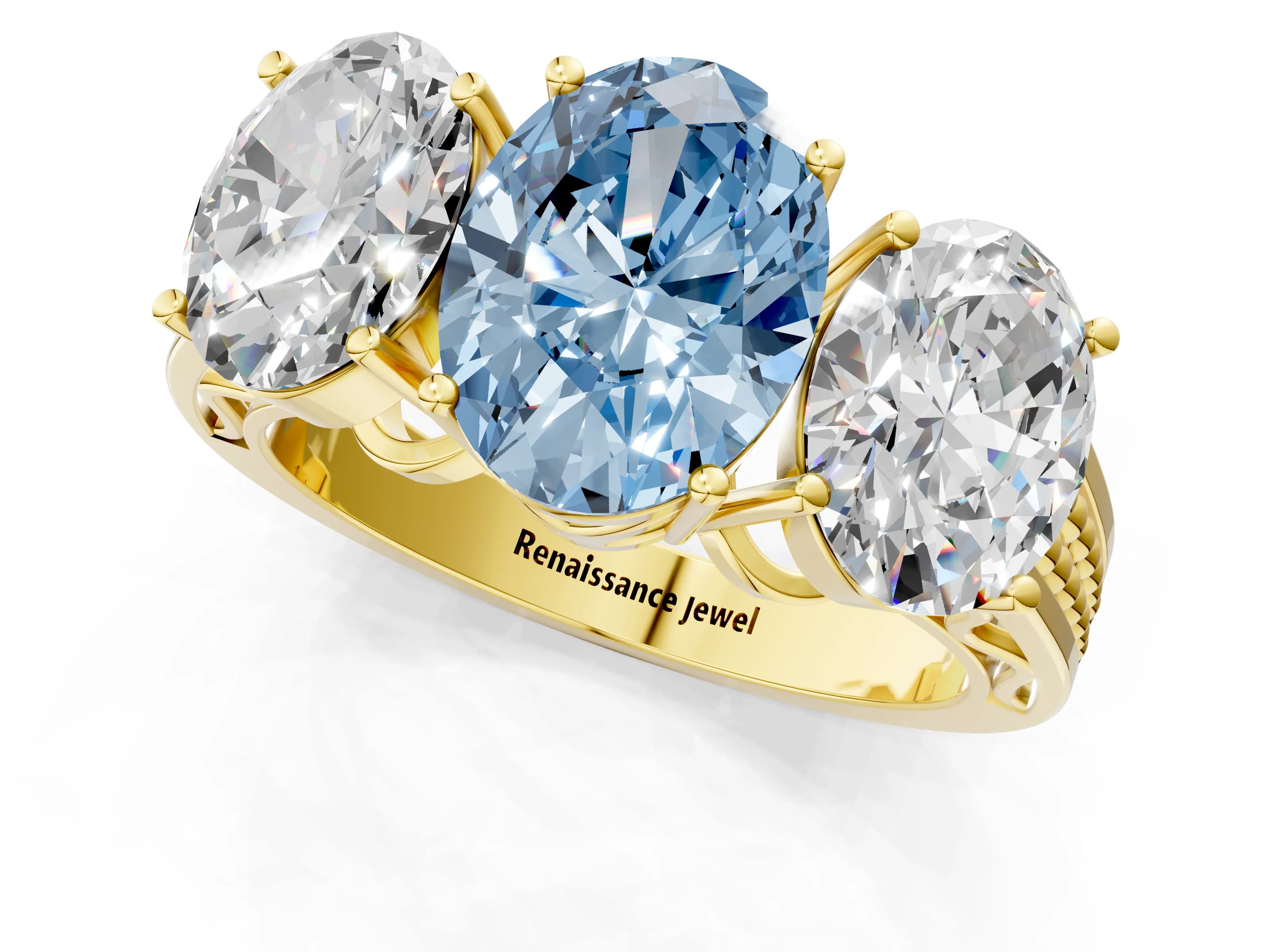Yellow gold Fancy Blue Oval Cut Diamond Three-Stone Ring with Prong Setting and Textured Band_1