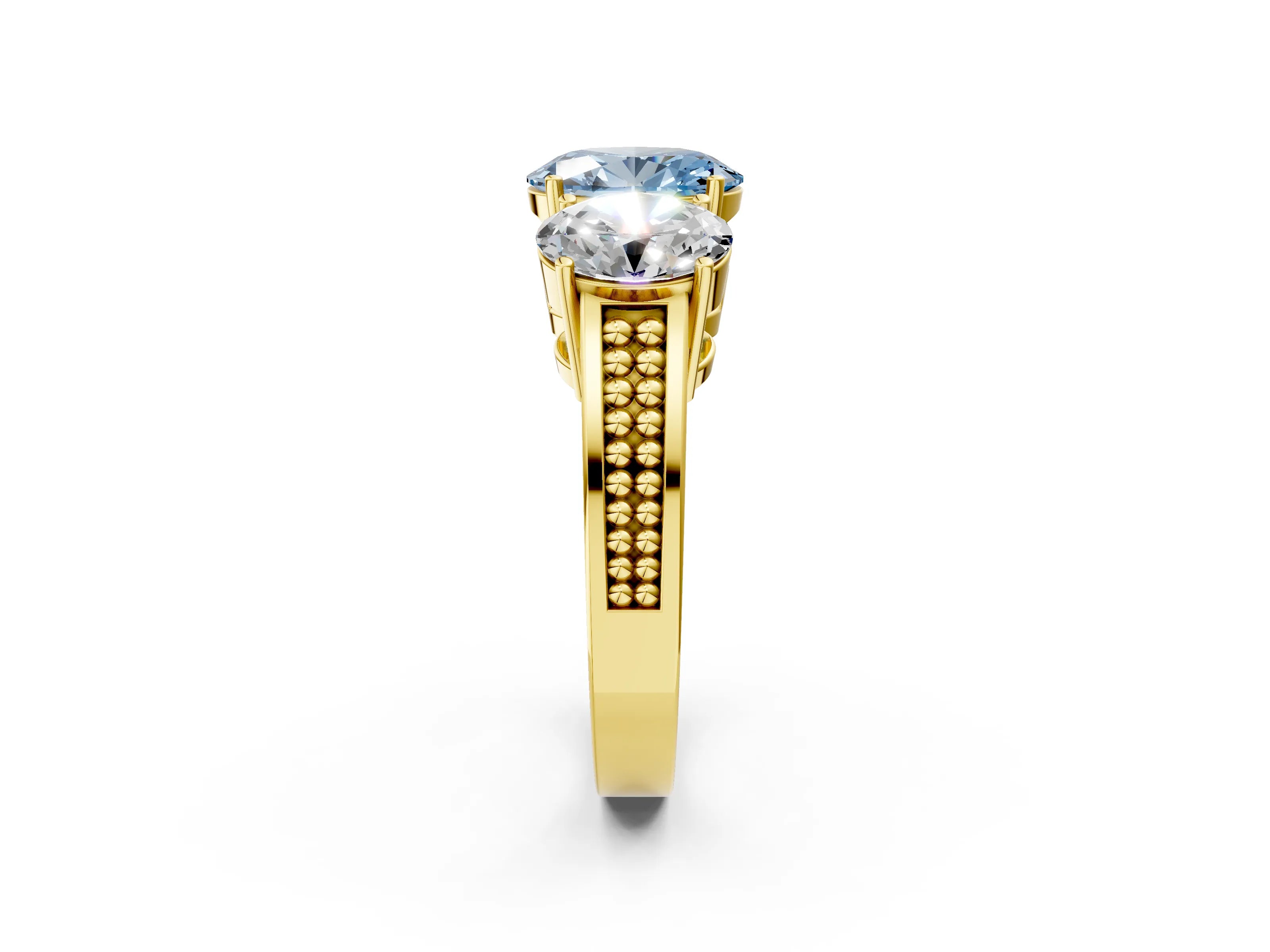 Yellow gold Fancy Blue Oval Cut Diamond Three-Stone Ring with Prong Setting and Textured Band_2