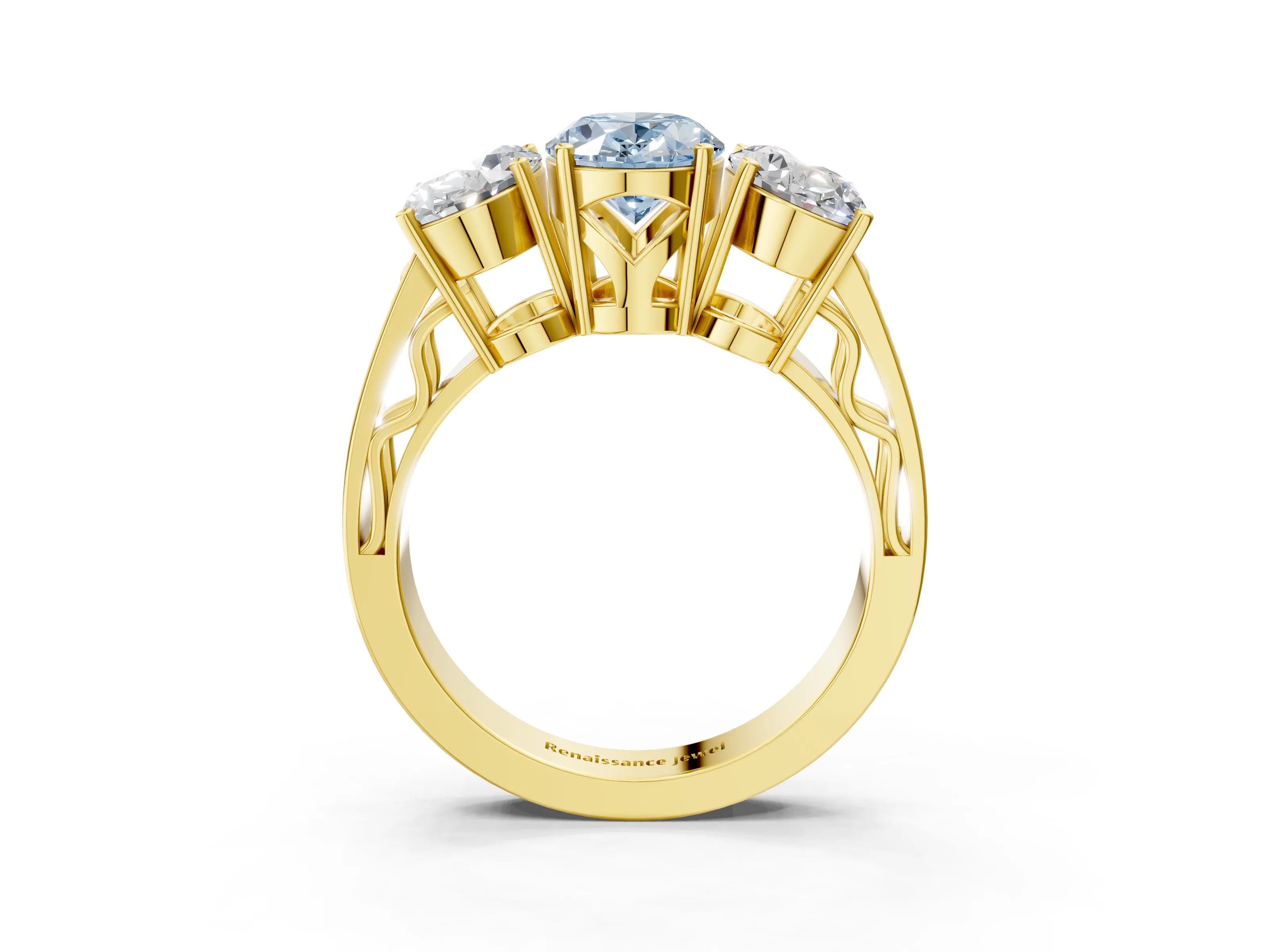 Yellow gold Fancy Blue Oval Cut Diamond Three-Stone Ring with Prong Setting and Textured Band_3