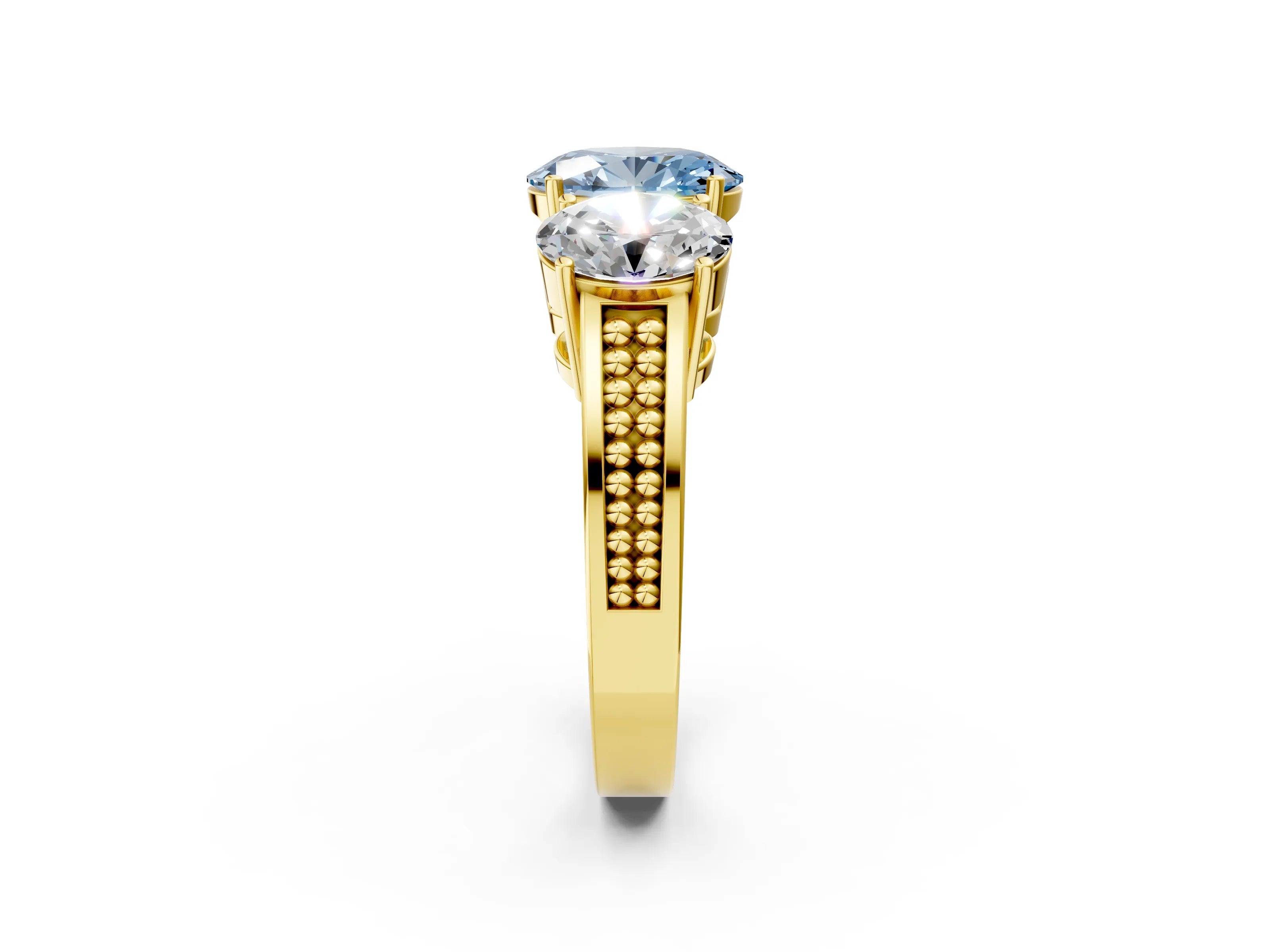 Yellow gold Fancy Blue Oval Cut Diamond Three-Stone Ring with Prong Setting and Textured Band_8