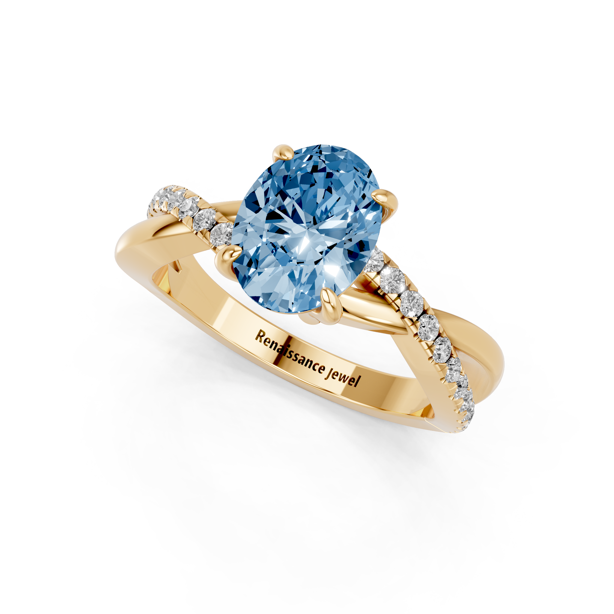 Yellow gold Fancy Blue Oval  Cut Diamond Twist Band Solitaire with Prong Setting_3