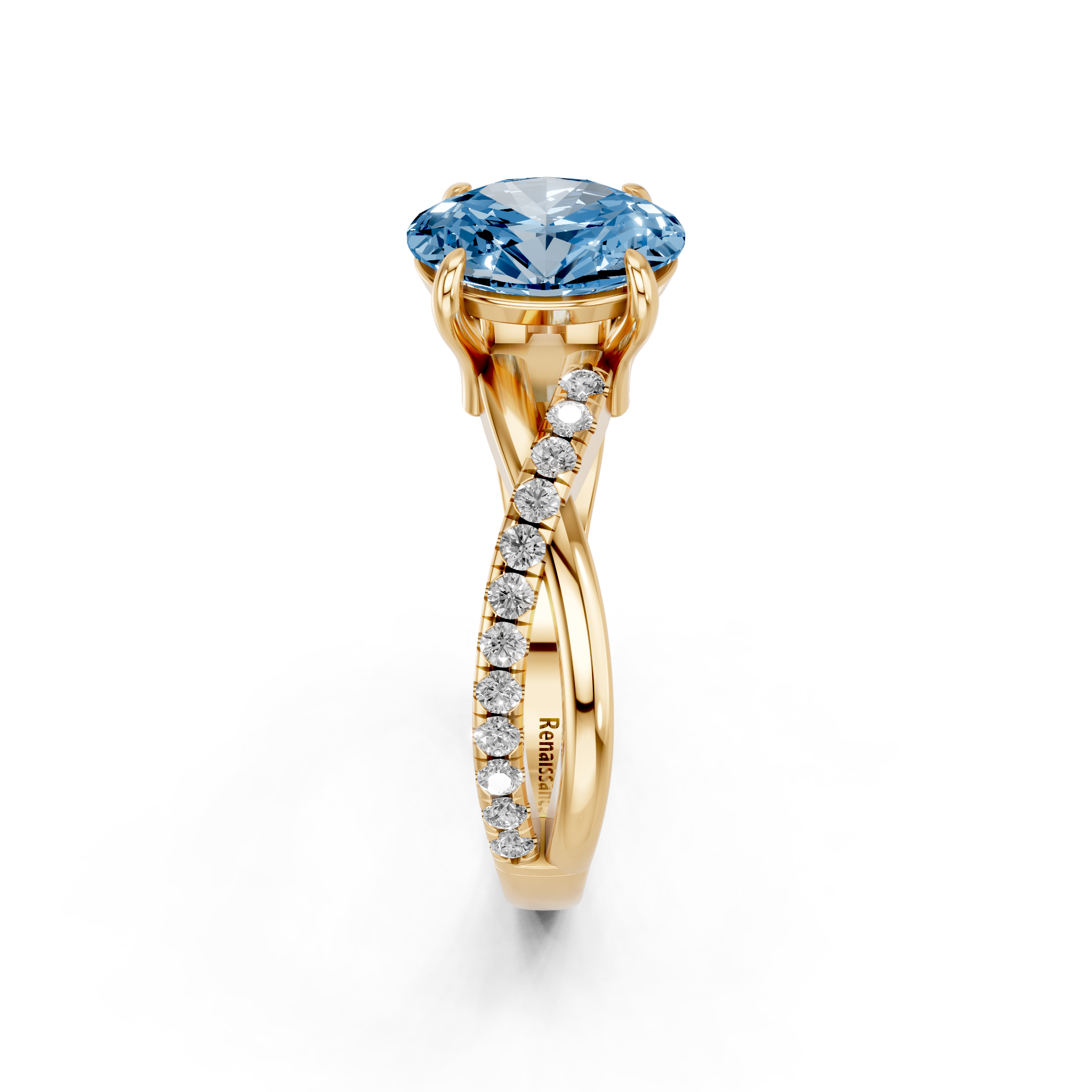 Yellow gold Fancy Blue Oval  Cut Diamond Twist Band Solitaire with Prong Setting_4