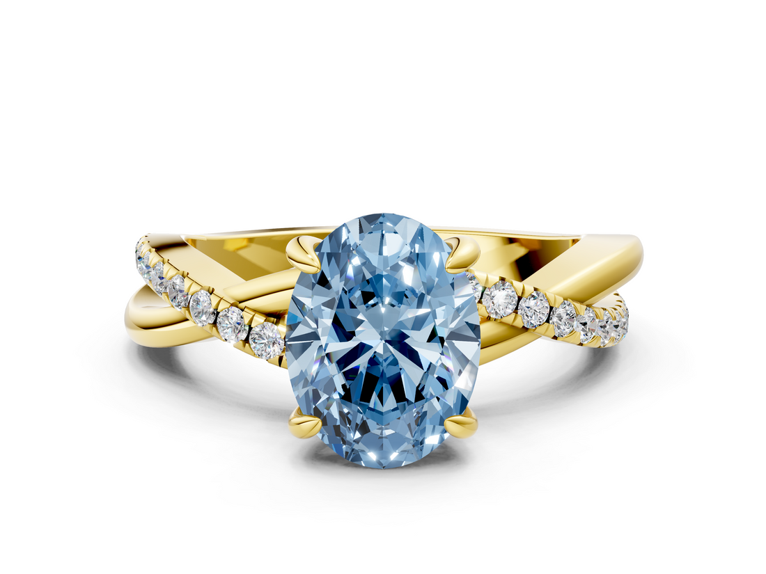 Yellow gold Fancy Blue Oval  Cut Diamond Twist Band Solitaire with Prong Setting_41