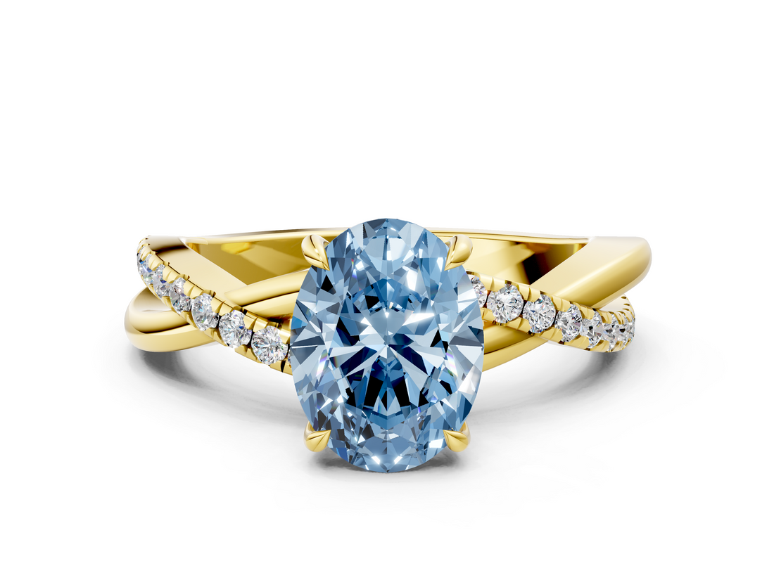 Yellow gold Fancy Blue Oval  Cut Diamond Twisted Band with Pavé Setting and Four-Prong Setting_47