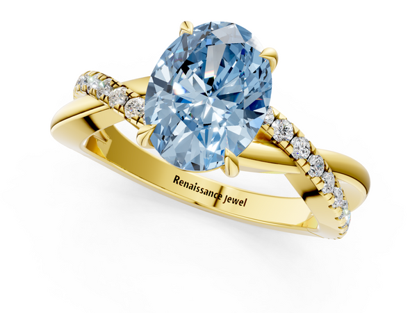 Yellow gold Fancy Blue Oval  Cut Diamond Twisted Band with Pavé Setting and Four-Prong Setting