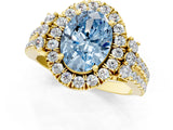 Yellow gold Fancy Blue Oval  Cut Double Halo Diamond Engagement Ring with Pave Band and Four-Prong Setting 1