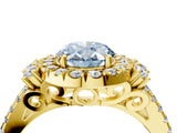Yellow gold Fancy Blue Oval  Cut Double Halo Diamond Engagement Ring with Pave Band and Four-Prong Setting 4