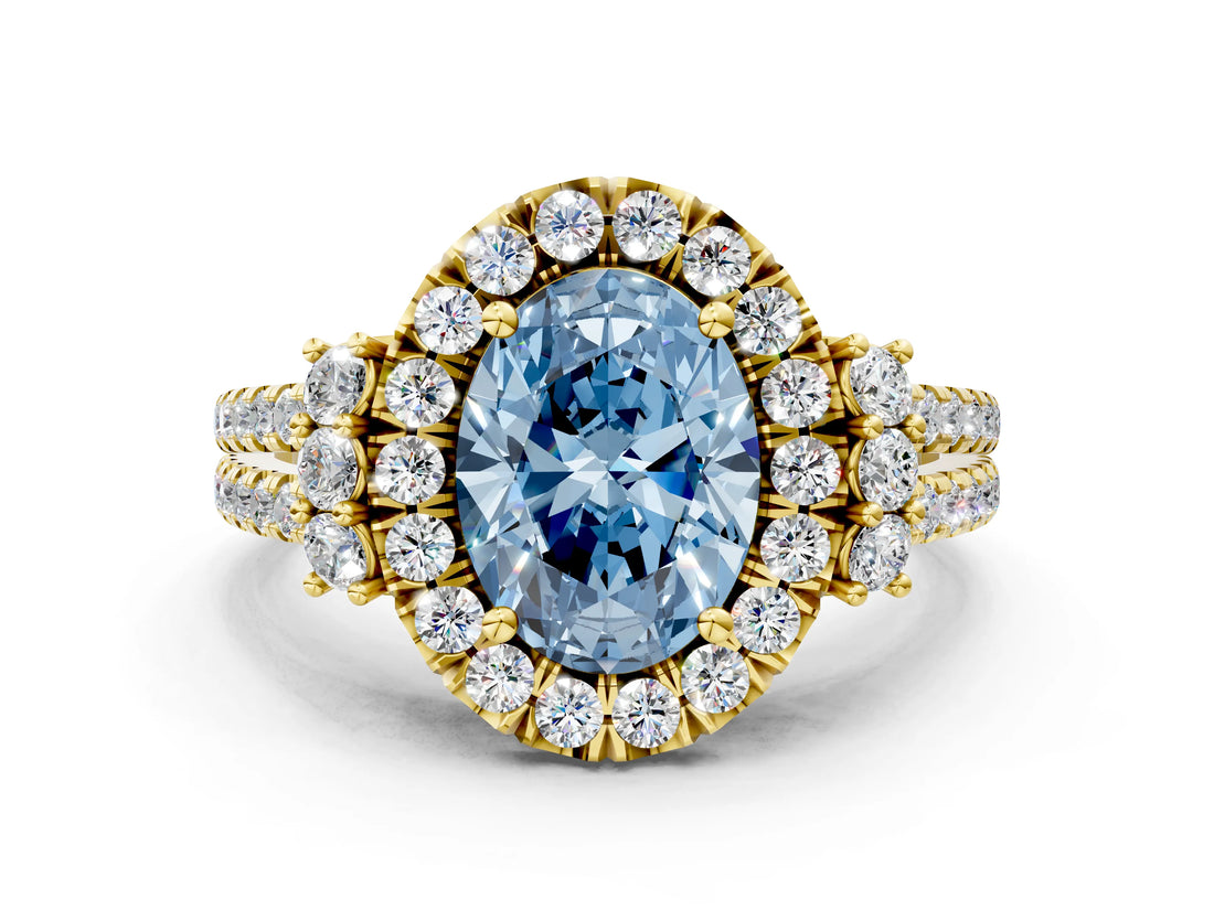 Yellow gold Fancy Blue Oval  Cut Double Halo Diamond Engagement Ring with Pave Band and Four-Prong Setting