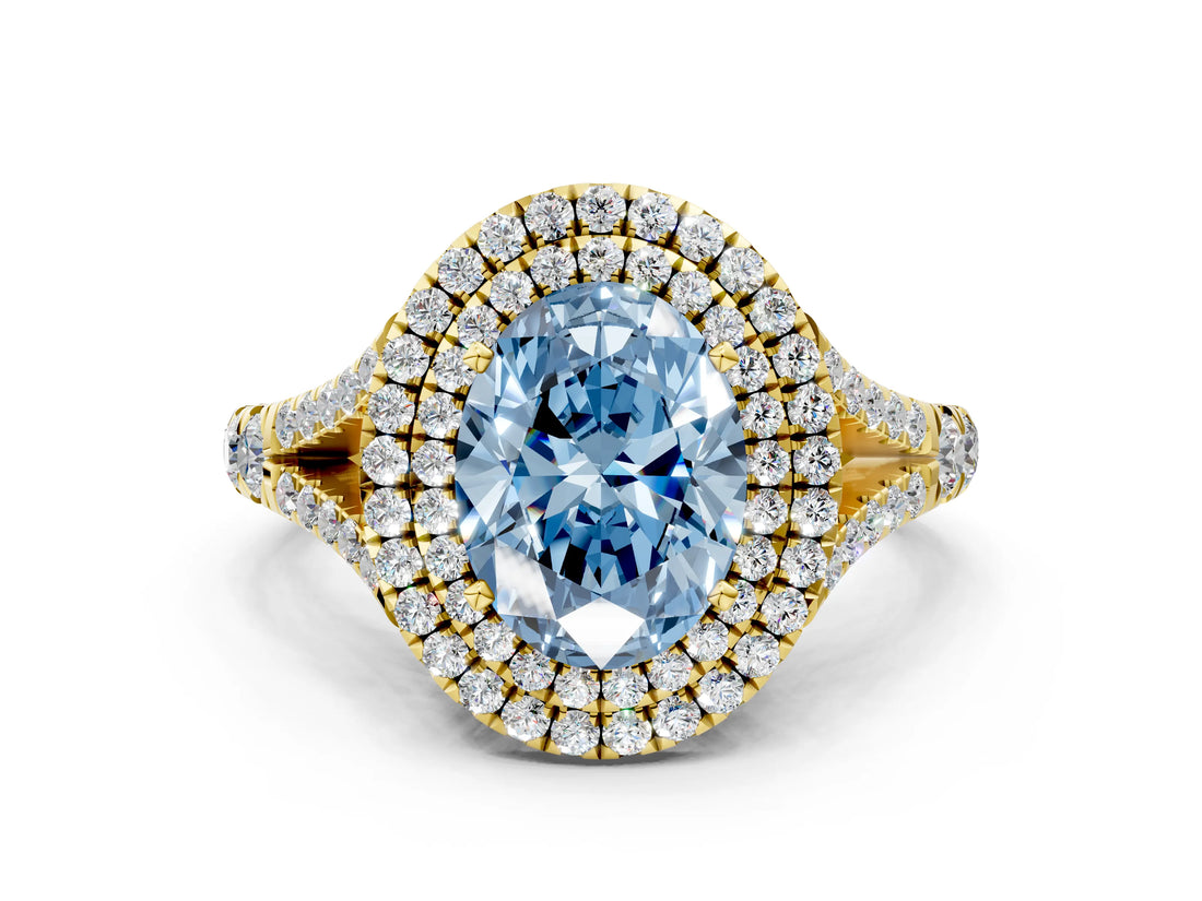 Yellow gold Fancy Blue Oval  Cut Double Halo Split Shank Diamond Ring with Prong Setting_49