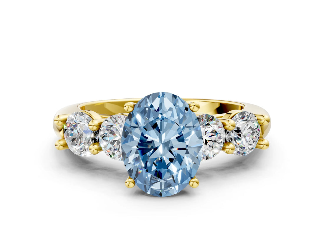 Yellow gold Fancy Blue Oval  Cut Five-Stone Prong Set Diamond Ring with Classic Band_32
