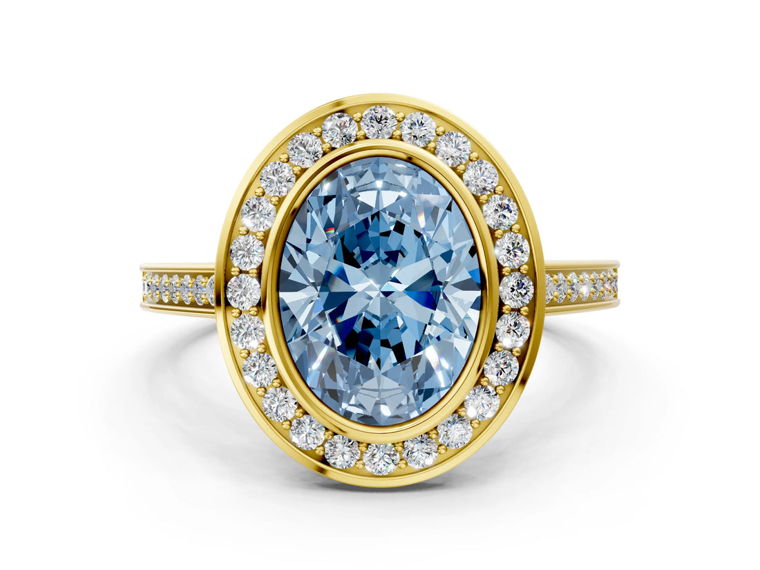 Yellow gold Fancy Blue Oval Cut Halo Bezel Diamond Pave Band Ring