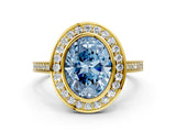 Yellow gold Fancy Blue Oval Cut Halo Bezel Diamond Pave Band Ring