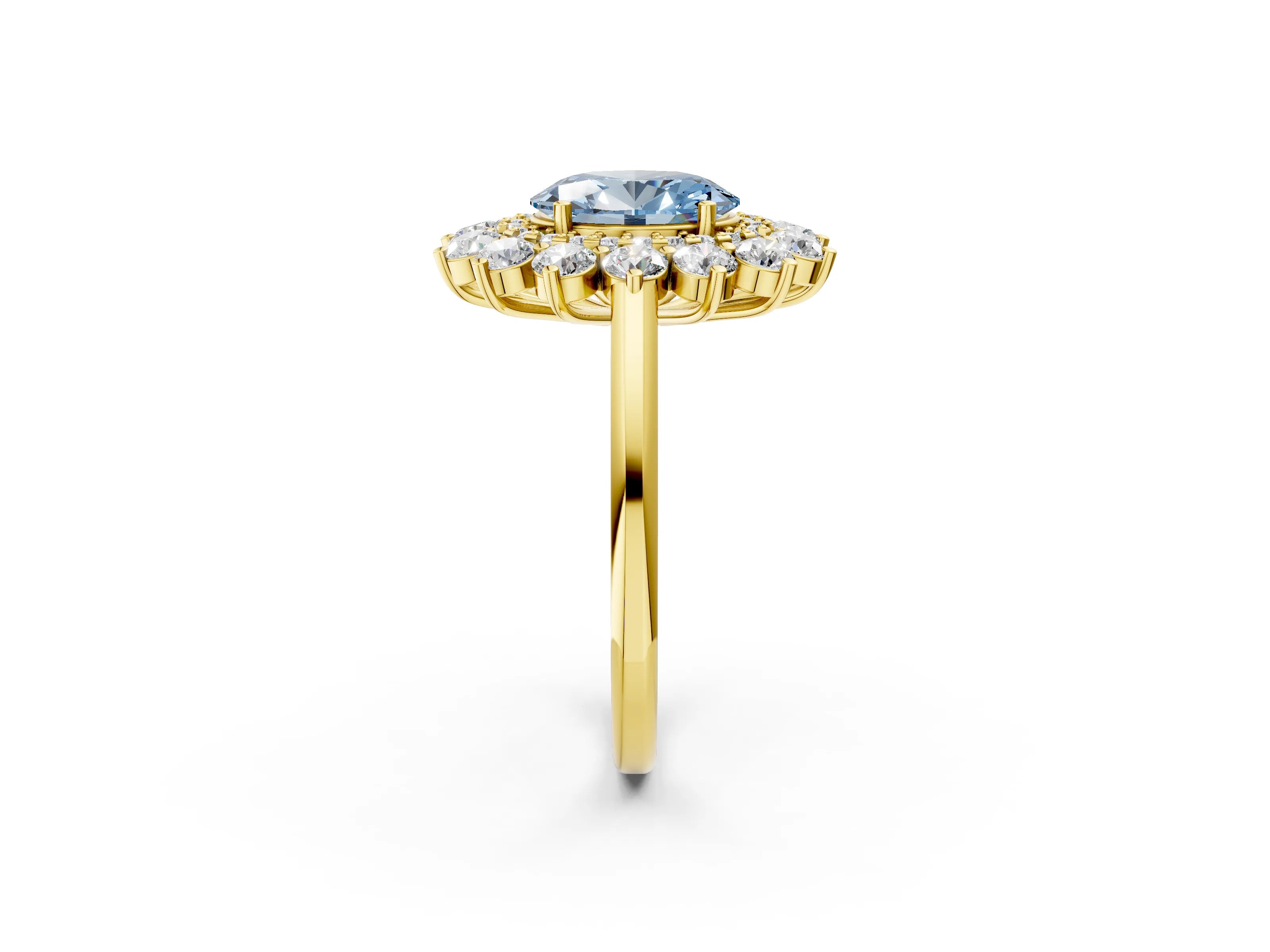 Yellow gold Fancy Blue Oval Cut Halo Cluster Diamond Ring with Pave Band and Four-Prong Setting_14