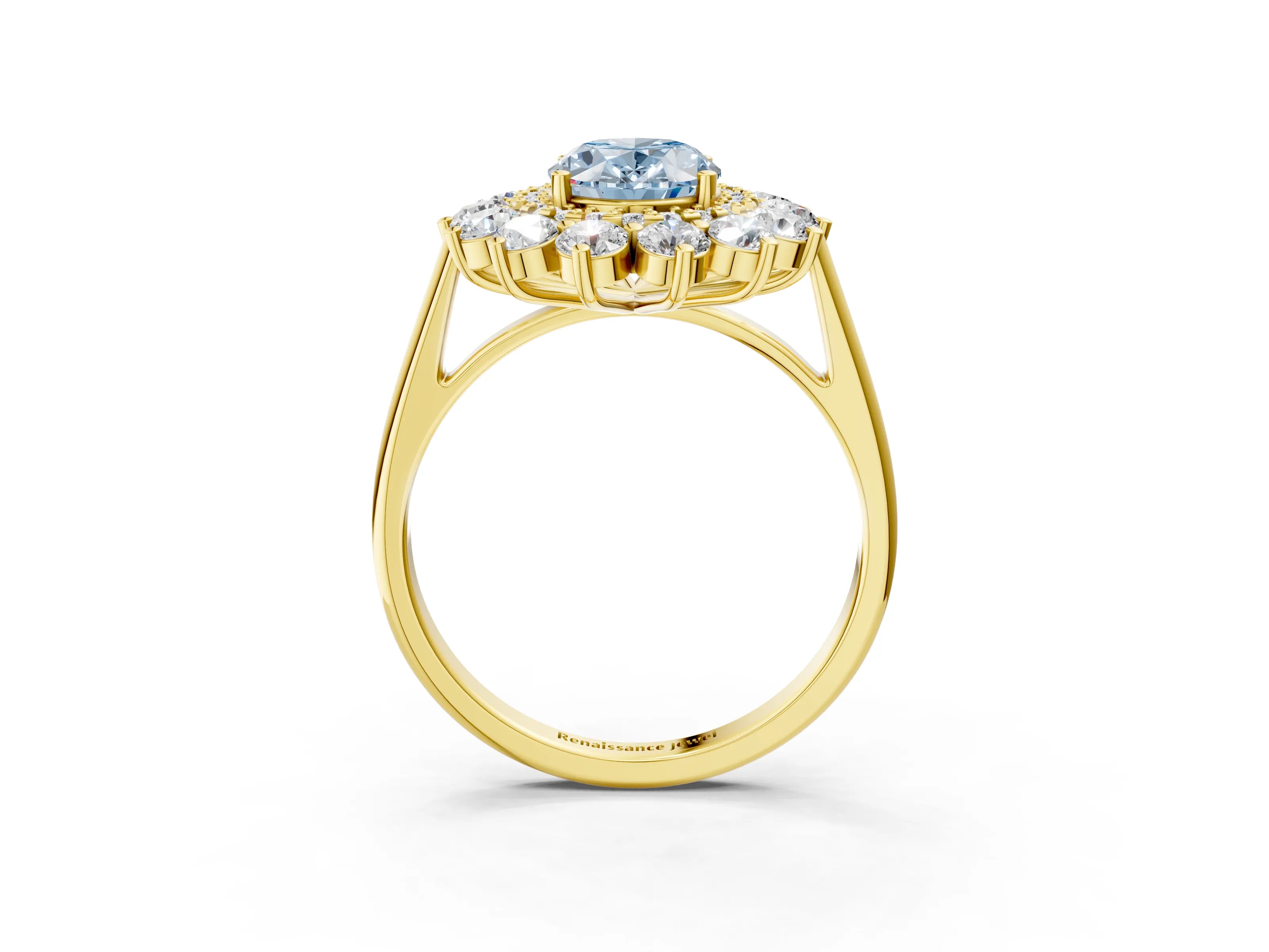 Yellow gold Fancy Blue Oval Cut Halo Cluster Diamond Ring with Pave Band and Four-Prong Setting_15