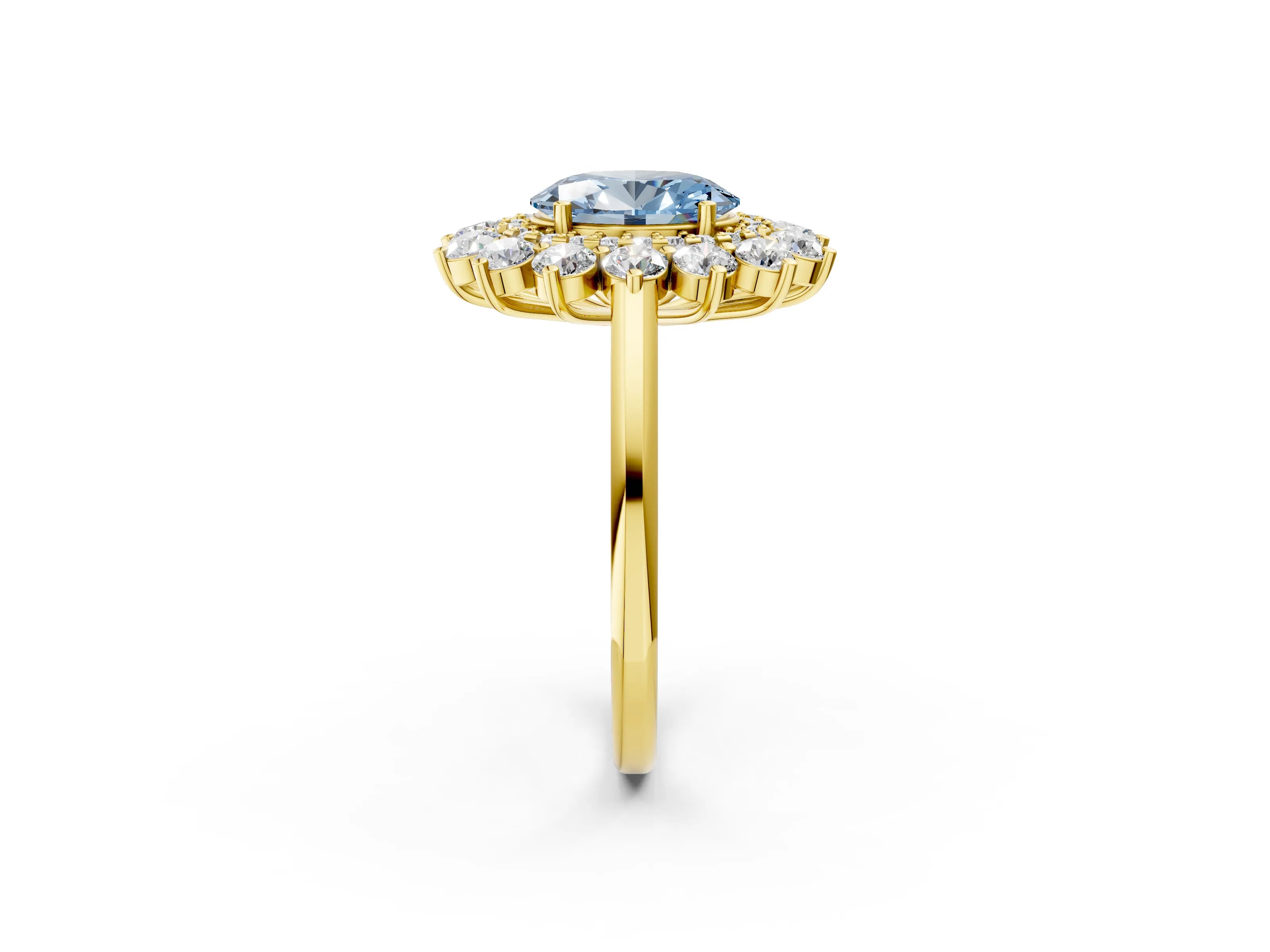 Yellow gold Fancy Blue Oval Cut Halo Cluster Diamond Ring with Pave Band and Four-Prong Setting_2