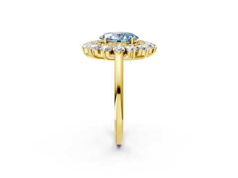 Yellow gold Fancy Blue Oval Cut Halo Cluster Diamond Ring with Pave Band and Four-Prong Setting_2