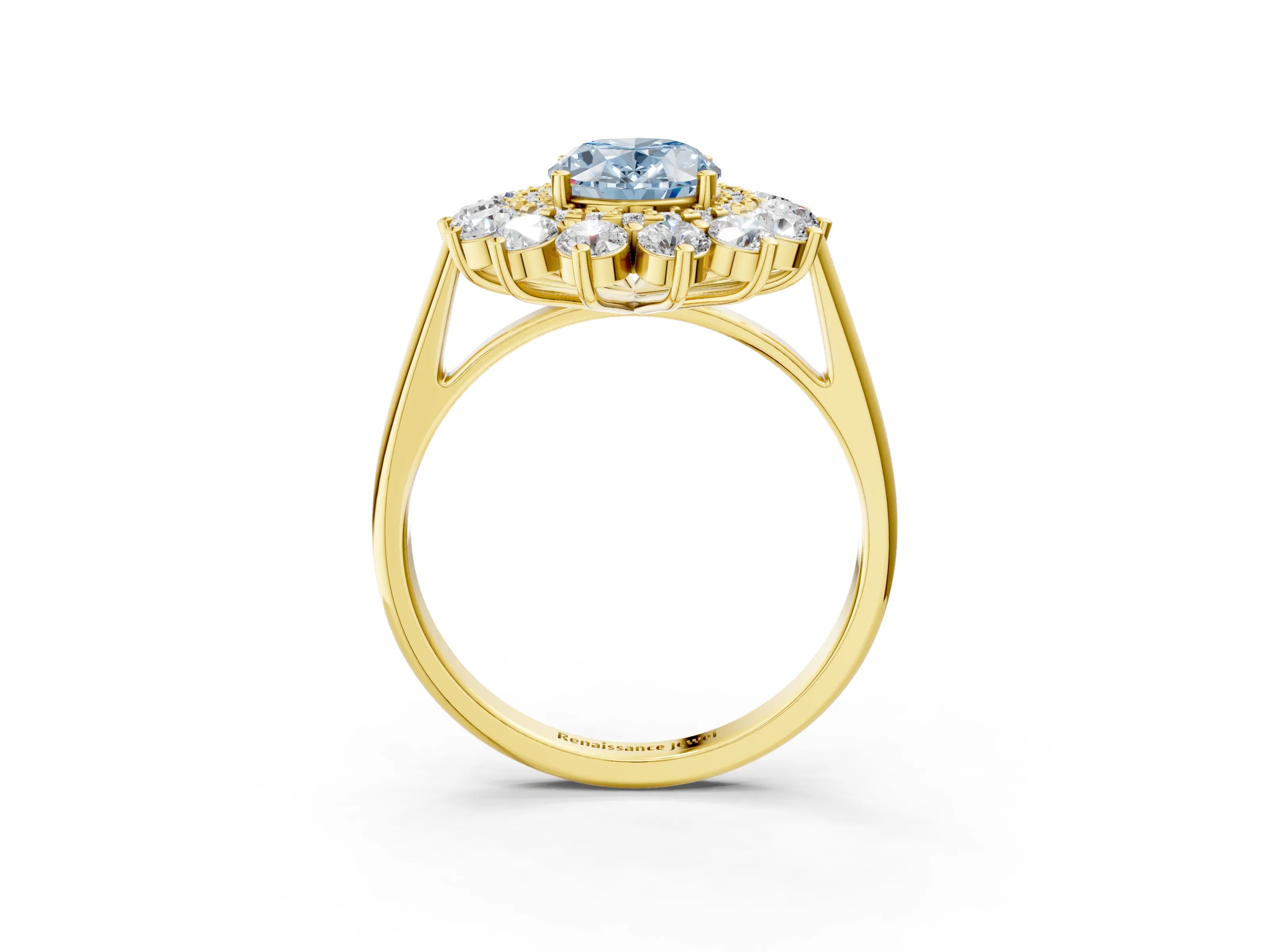 Yellow gold Fancy Blue Oval Cut Halo Cluster Diamond Ring with Pave Band and Four-Prong Setting_3