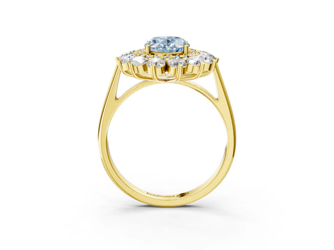 Yellow gold Fancy Blue Oval Cut Halo Cluster Diamond Ring with Pave Band and Four-Prong Setting_3