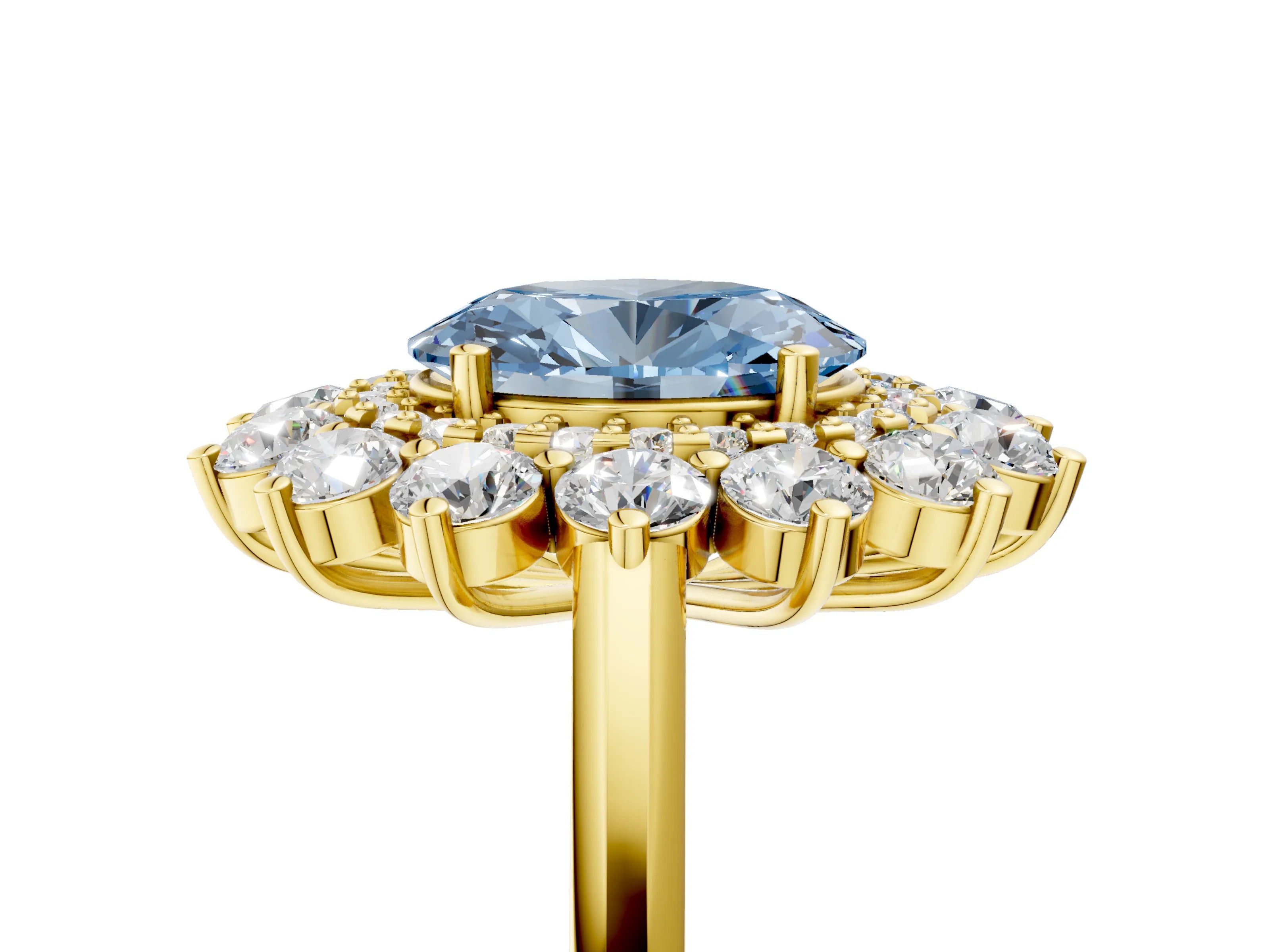 Yellow gold Fancy Blue Oval Cut Halo Cluster Diamond Ring with Pave Band and Four-Prong Setting_5
