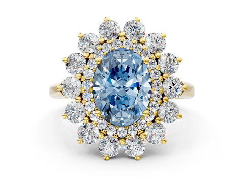 Yellow gold Fancy Blue Oval Cut Halo Cluster Diamond Ring with Pave Band and Four-Prong Setting