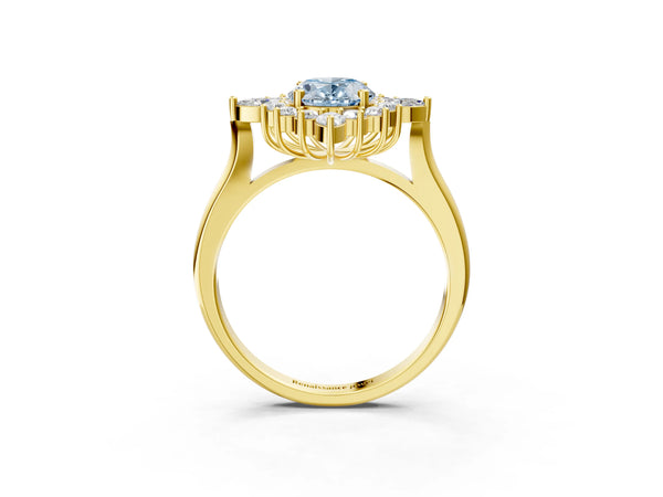 Yellow gold Fancy Blue Oval Cut Starburst Halo Engagement Ring Setting with Marquise and Round Accents