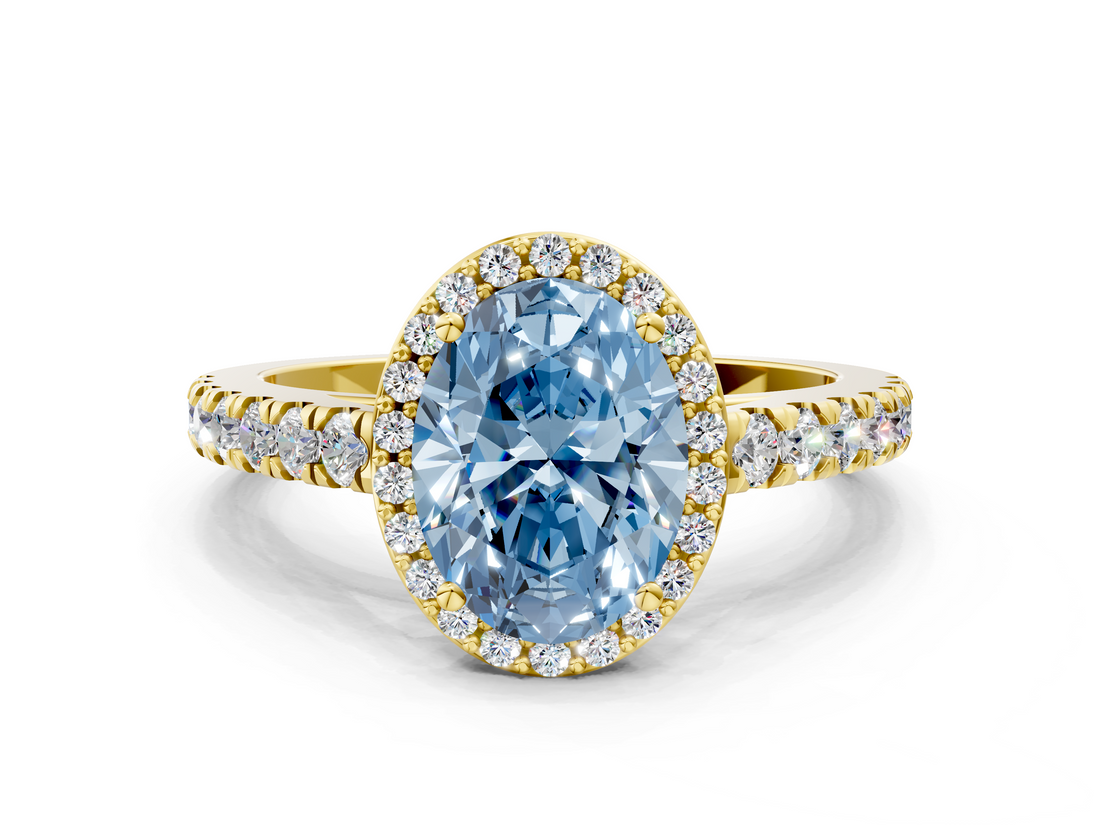 Yellow gold Fancy Blue Oval  Cut Halo Diamond Engagement Ring with Pave Band and Four-Prong Setting_28