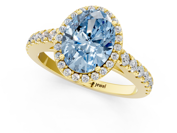 Yellow gold Fancy Blue Oval  Cut Halo Diamond Engagement Ring with Pave Band and Four-Prong Setting