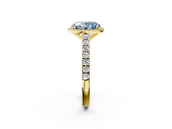 Yellow gold Fancy Blue Oval  Cut Halo Diamond Engagement Ring with Pave Band and Four-Prong Setting