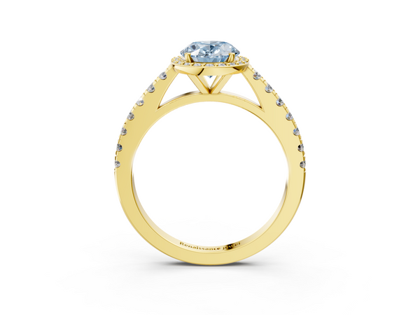 Yellow gold Fancy Blue Oval  Cut Halo Diamond Engagement Ring with Pave Band and Four-Prong Setting