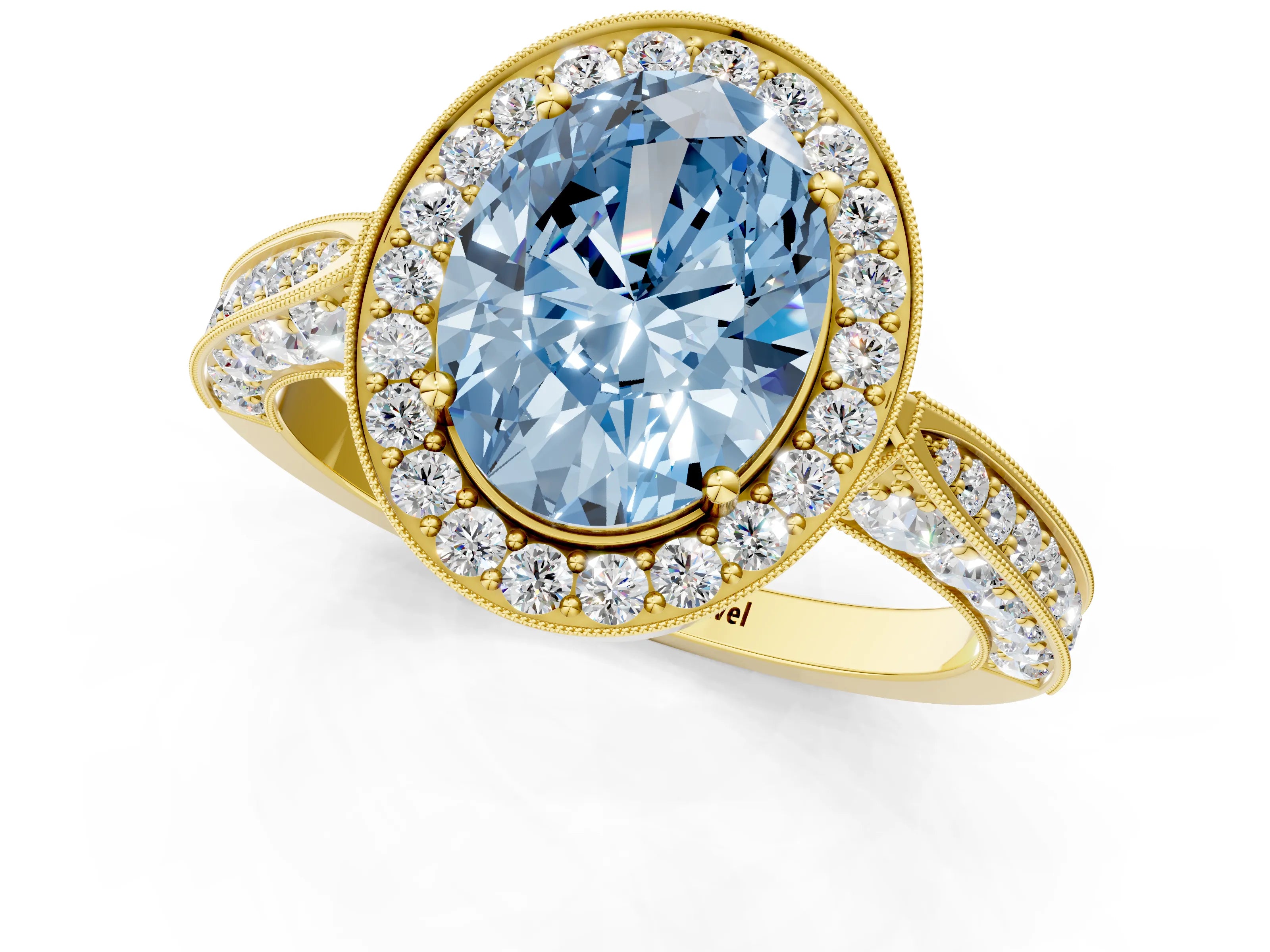 Yellow gold Fancy Blue Oval Cut Halo Diamond Engagement Ring with Split Shank Band and Four-Prong Setting_1