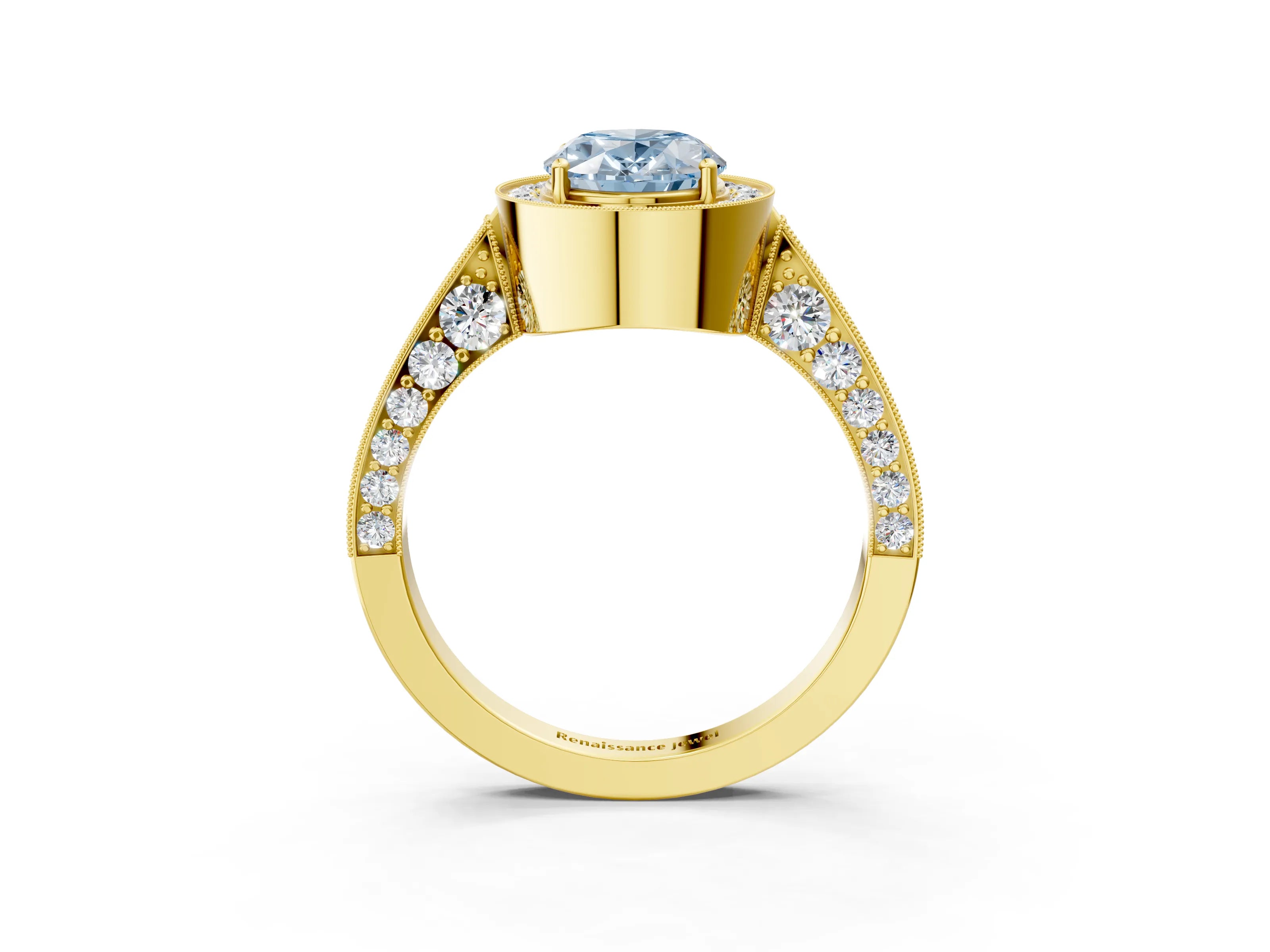 Yellow gold Fancy Blue Oval Cut Halo Diamond Engagement Ring with Split Shank Band and Four-Prong Setting_3
