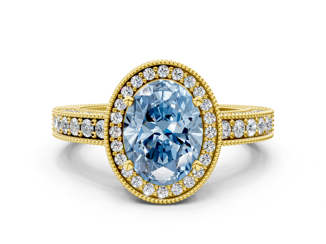 Yellow gold Fancy Blue Oval  Cut Halo Diamond Pave Band Ring with Four-Prong Setting_44