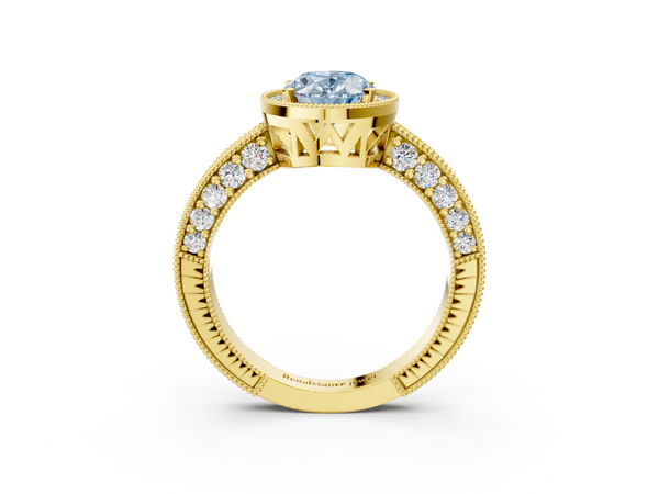 Yellow gold Fancy Blue Oval  Cut Halo Diamond Pave Band Ring with Four-Prong Setting