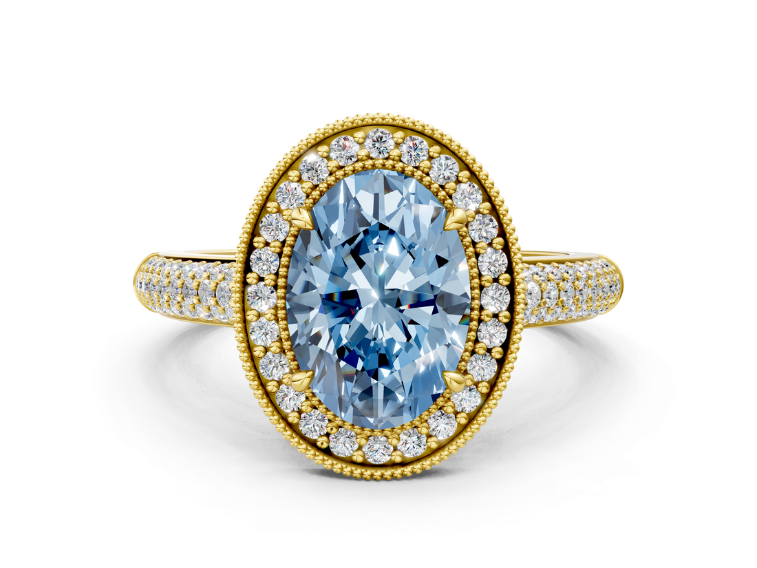 Yellow gold Fancy Blue Oval  Cut Halo Diamond Pave Band with Four-Prong Setting_37