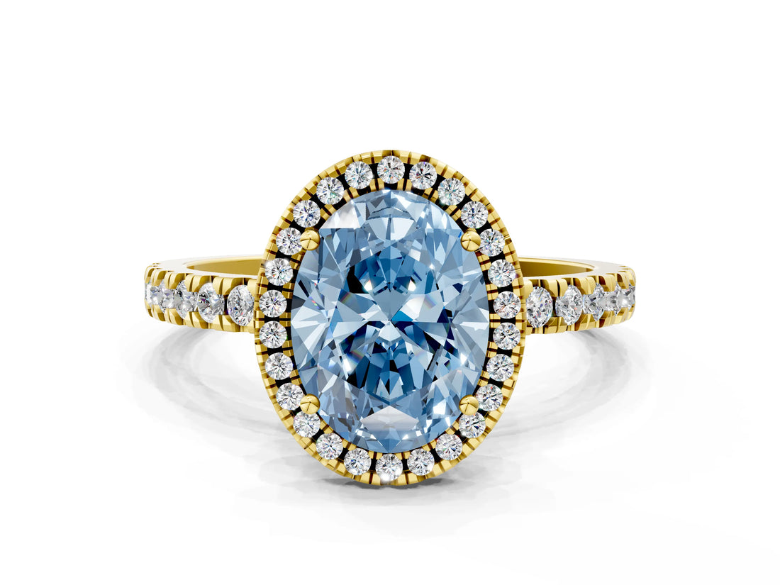 Yellow gold Fancy Blue Oval Cut Halo Diamond Pave Band with Prong Setting