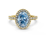 Yellow gold Fancy Blue Oval Cut Halo Diamond Pave Band with Prong Setting