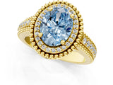 Yellow gold Fancy Blue Oval Cut Halo Diamond Ring with Beaded Split Shank and Four-Prong Setting_1
