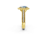 Yellow gold Fancy Blue Oval Cut Halo Diamond Ring with Beaded Split Shank and Four-Prong Setting_2