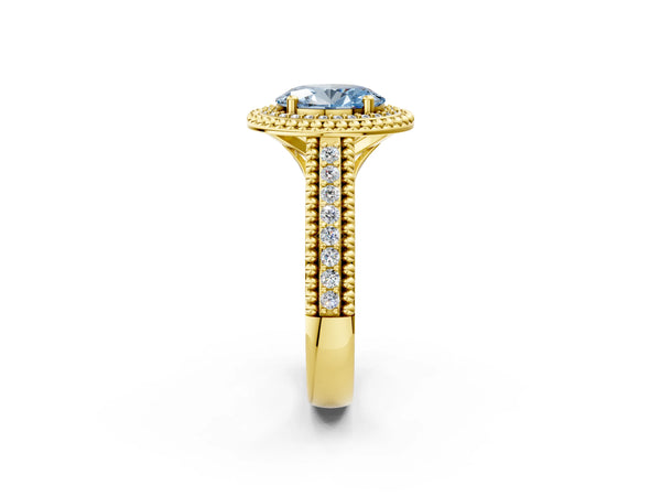Yellow Gold Oval Beaded Halo Engagement Ring Setting for Fancy Blue Center with Pave