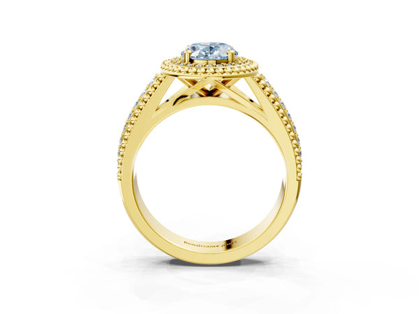 Yellow Gold Oval Beaded Halo Engagement Ring Setting for Fancy Blue Center with Pave