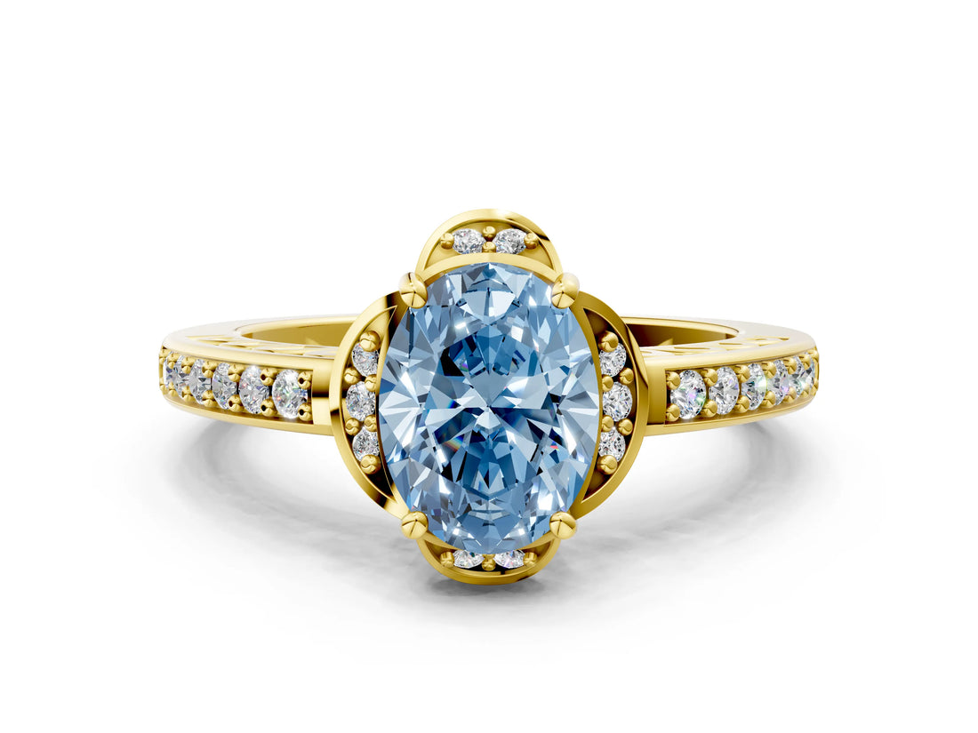 Yellow gold Fancy Blue Oval  Cut Halo Diamond Ring with Channel Set Band and Four-Prong Setting_32