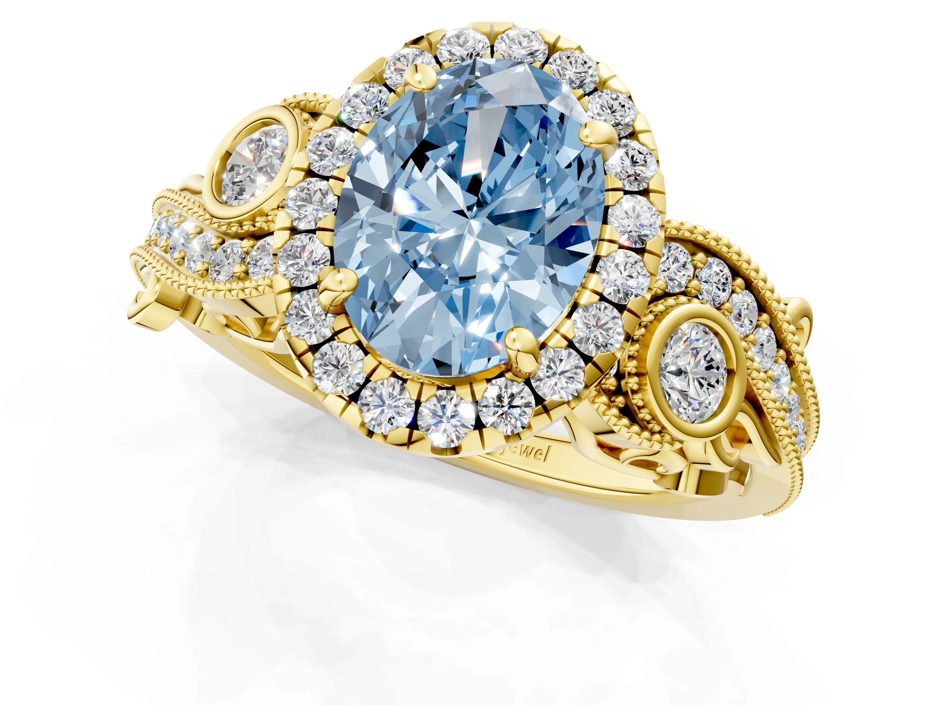 Yellow gold Fancy Blue Oval Cut Halo Diamond Ring with Milgrain and Bezel Accents on a Split Shank Band_1