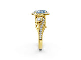 Yellow gold Fancy Blue Oval Cut Halo Diamond Ring with Milgrain and Bezel Accents on a Split Shank Band_14