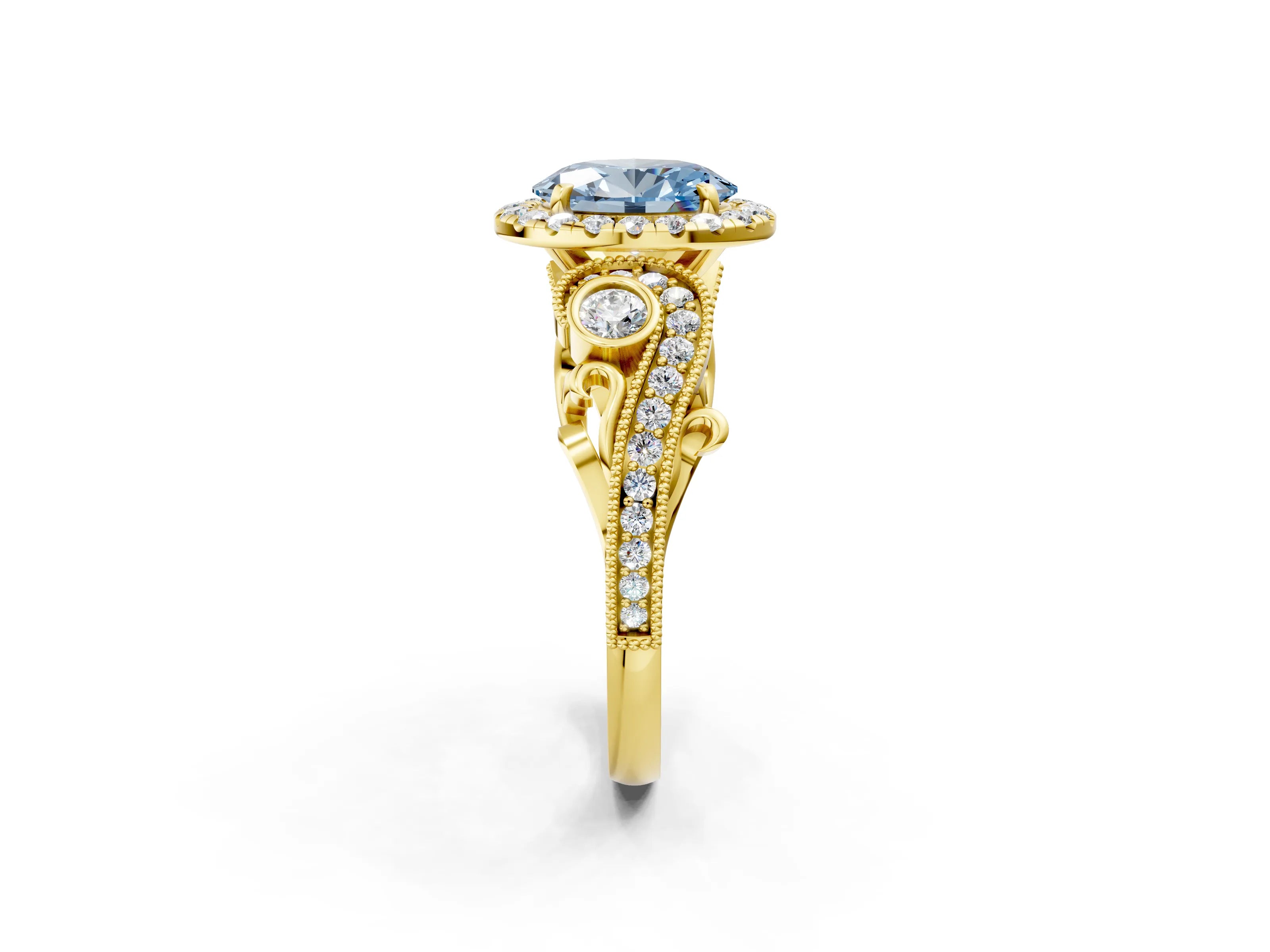 Yellow gold Fancy Blue Oval Cut Halo Diamond Ring with Milgrain and Bezel Accents on a Split Shank Band_2