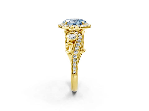 Yellow gold Fancy Blue Oval Cut Halo Diamond Ring with Milgrain and Bezel Accents on a Split Shank Band_2