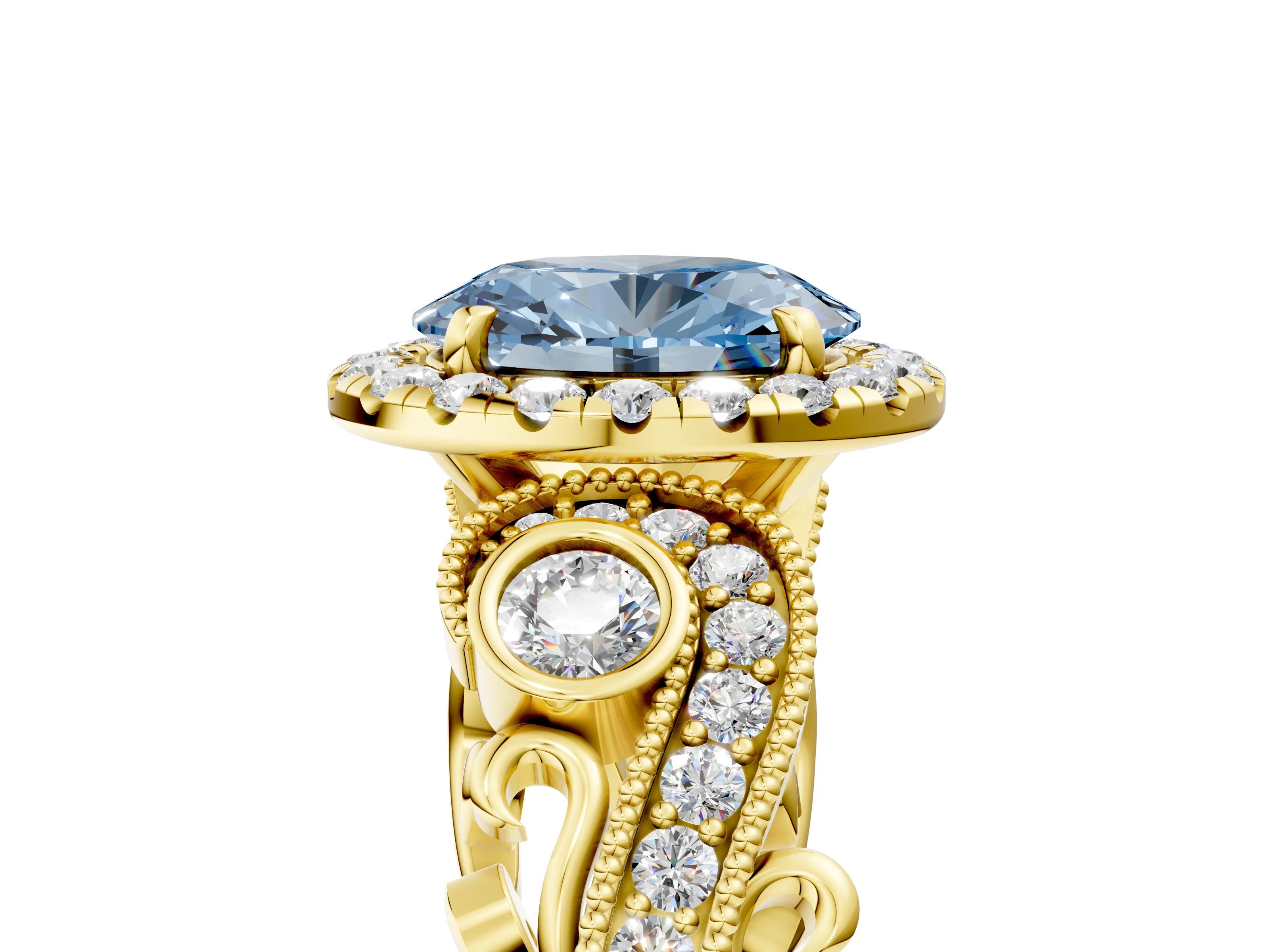 Yellow gold Fancy Blue Oval Cut Halo Diamond Ring with Milgrain and Bezel Accents on a Split Shank Band_5