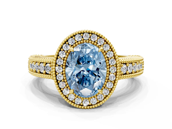 Yellow Gold Oval Vintage Milgrain Halo Engagement Ring Setting for Fancy Blue Center with Pave Band